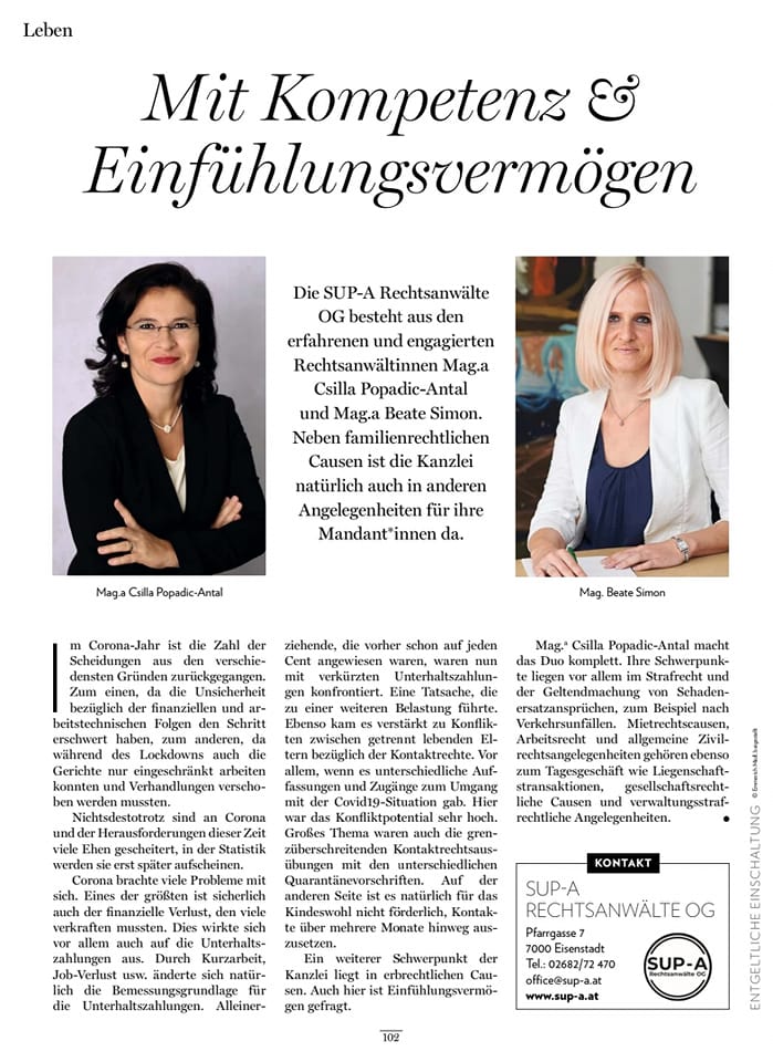 SUP-A-Anwältinnen - Pressebericht "Die Burgenländerin", Dezember 2021